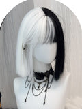 Black and White Split Color Shoulder Length Straight Synthetic Wig With Bangs