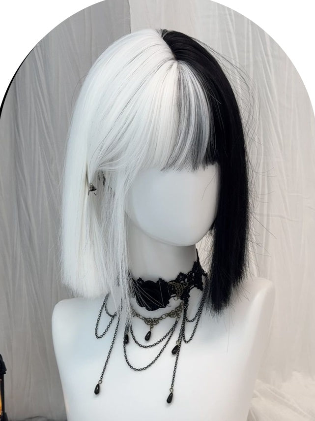 Black and White Split Color Shoulder Length Straight Synthetic Wig With Bangs