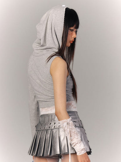 Cropped Gray with Sleeves Chest Asymmetrical Hood Hoodie Cutout Lace-Trimmed
