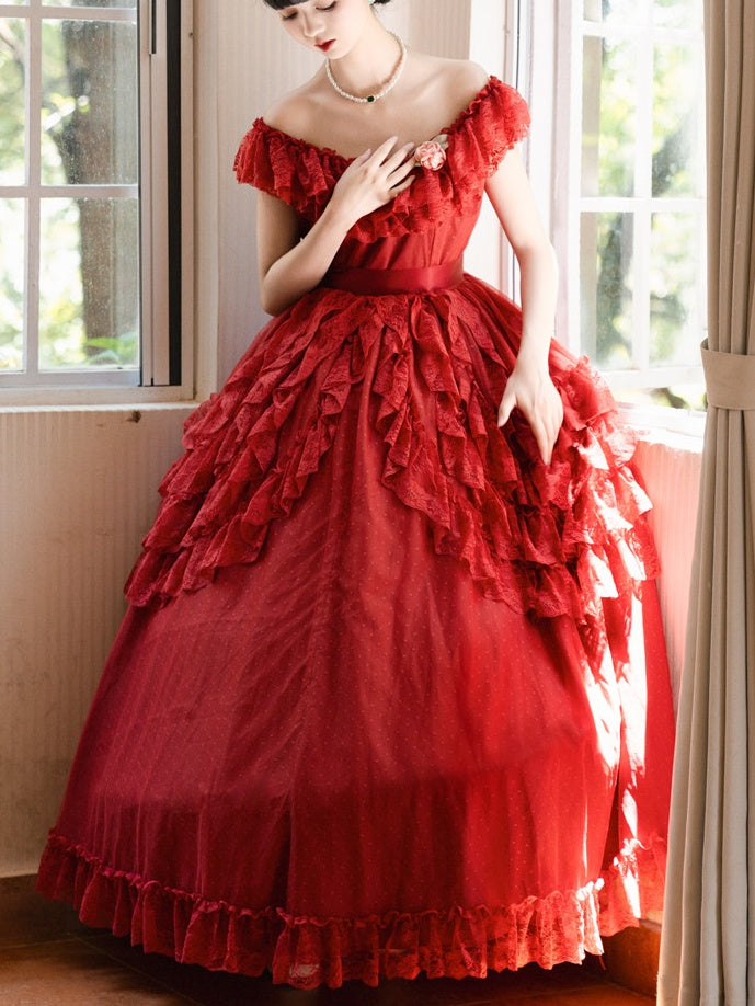 Wine Red/Pink Vintage Lace Ruffle Trim Off-the-shoulder Neckline  Dress