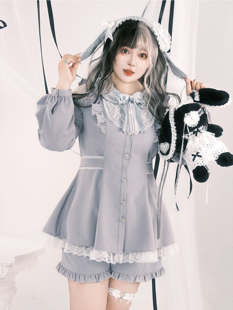 Set: Size Top Blue Elastic Jirai Light Kei Waist Cutout Plus Shorts Shoulder