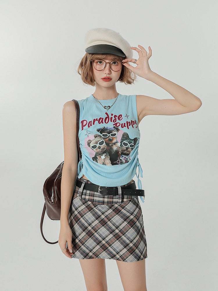 Light Blue Retro Puppy Print Ruched Sleeveless Top - Girlyhalo