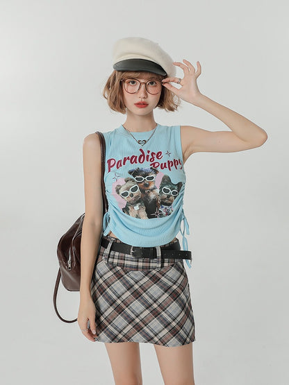 Light Blue Retro Puppy Print Ruched Sleeveless Top - Girlyhalo