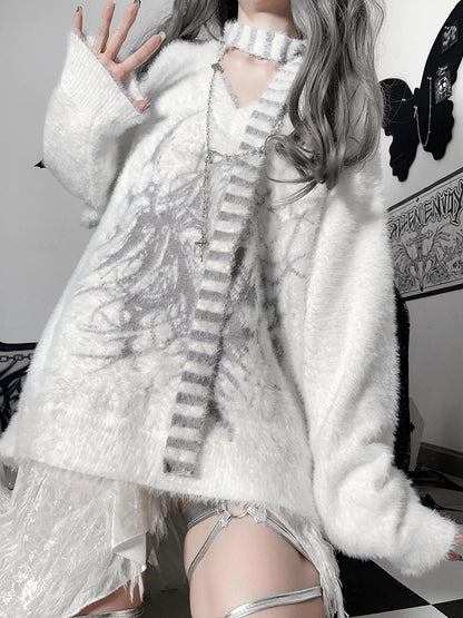 Print with Character Faux Fur White Sweater Cartoon