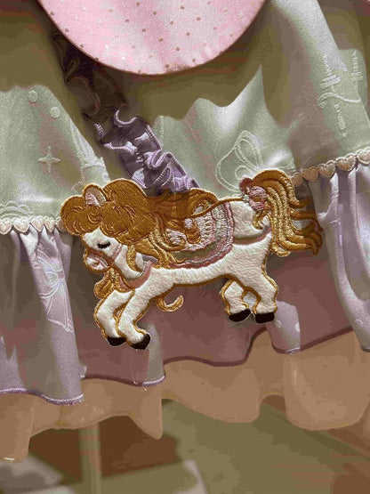 Cute Round Neck Bow Ruffle Dress with 3D Horse Embroidery in Pink & Purple - Sweet Dream Box