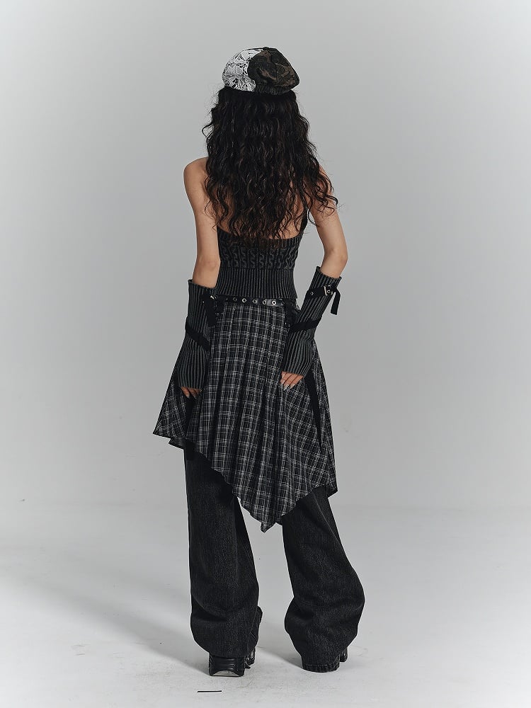 with Punk Skirt Gothic Belts White Hem Dual Black Handkerchief Eyelet Plaid Metal PU