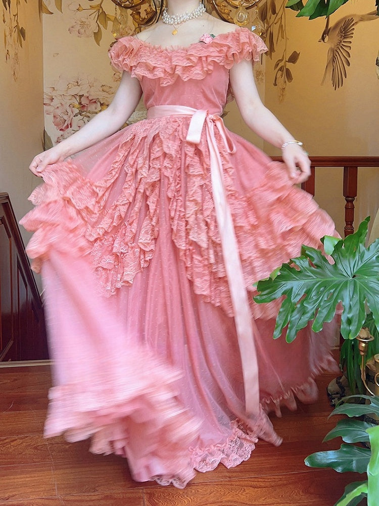 Wine Red/Pink Vintage Lace Ruffle Trim Off-the-shoulder Neckline  Dress