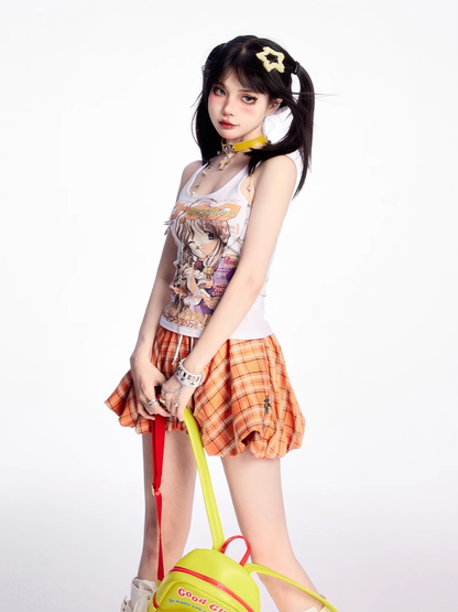 Tank Top Y2K Anime Girl Print Weiß Eng anliegend