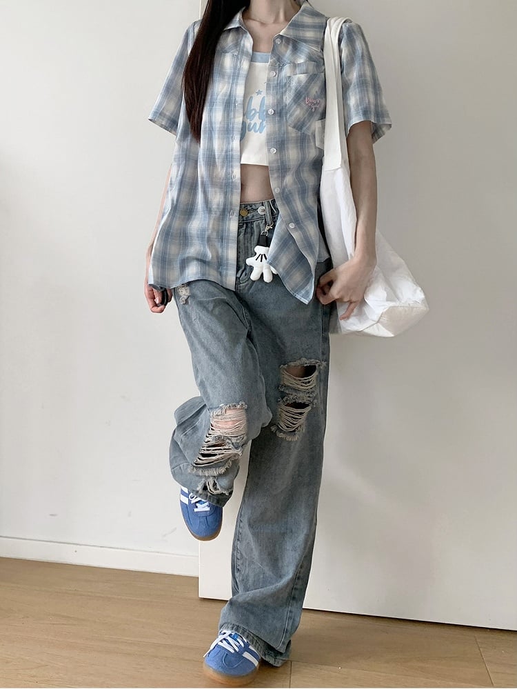 with Back Plaid Shirt Sleeves Short Blue Back Slit Bow Self-tie