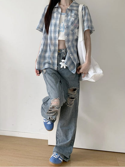 with Back Plaid Shirt Sleeves Short Blue Back Slit Bow Self-tie