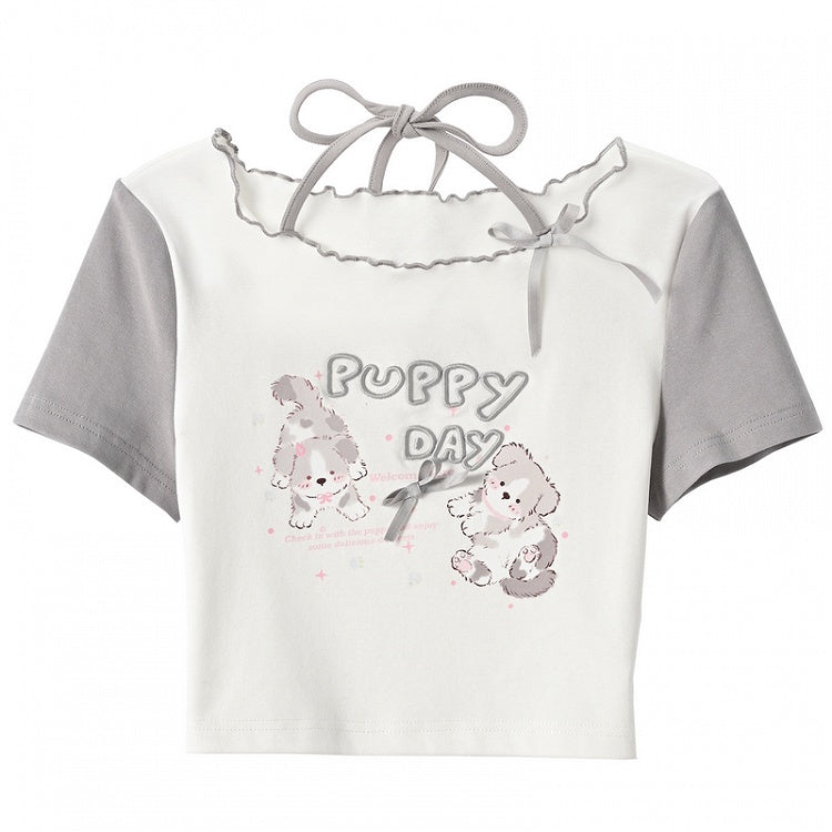 Gray Adorable Puppy Print Bowknot Long/Short Detail Version T-Shirt