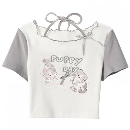 Gray Adorable Puppy Print Bowknot Long/Short Detail Version T-Shirt