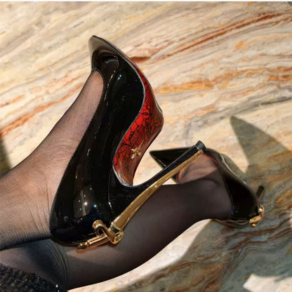 Gold Scepter 8cm Stiletto Heels – Patent Leather Pointed Toe Wide Size Pumps | LilyVow