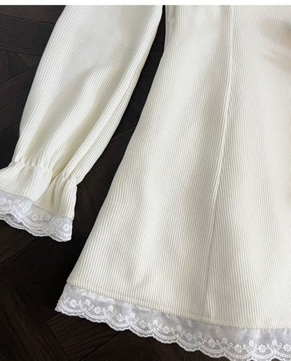 Jirai Kei – Aprikosenfarbenes Kleid mit Cut-Outs an der Schulter und Spitzenbesatz sowie langen Ärmeln und gratis Fliege