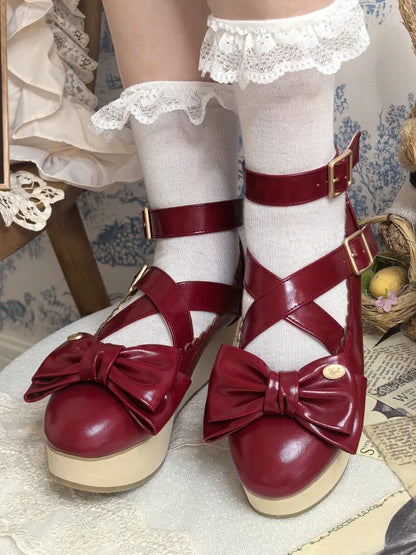 Grain PU Wood Mary at - Red with Janes Top Sole Bow Crisscross Sweet Straps Platform Lolita