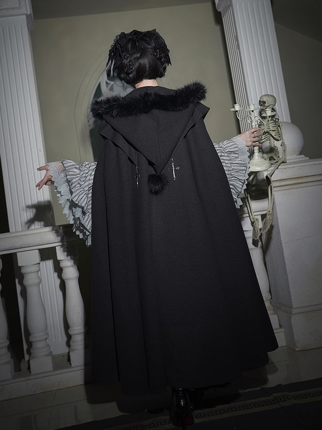 Witch Trim Cross with Fur Autumn for and Faux Winter Lolita Gothic Charms Black Cloak
