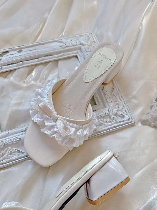 Accents White Bow Lolita Ruffle 3.5cm Elegant Trim with Low-heel Sandals