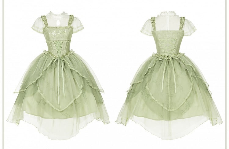 Green Teardrop Cutout Neck Chinoiserie Lolita OP Dress - With PUJI