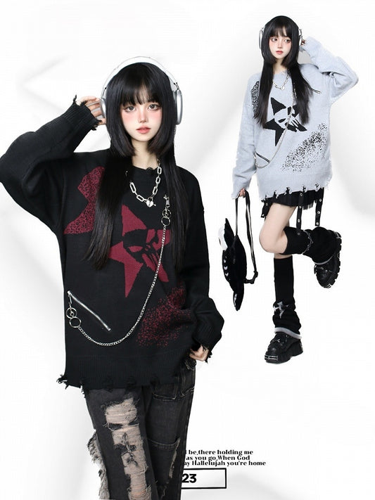 and Black/Gray Distressed Knit Sweater with Zipper Chain Detail