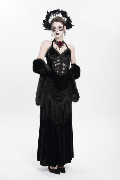Black Hollow Floral Embroidery Lace-Up Pleated Maxi Dress