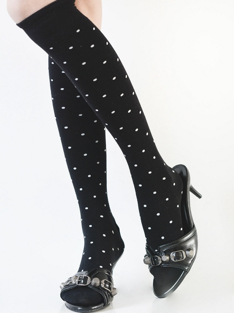 Retro Stockings Over knee Sliming Pattern Black/White/Gray Polka-dot