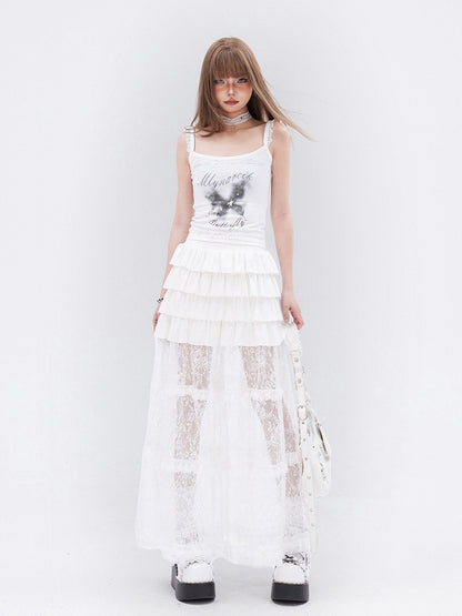 ホワイトレースフリル裾ティアードロングスカート