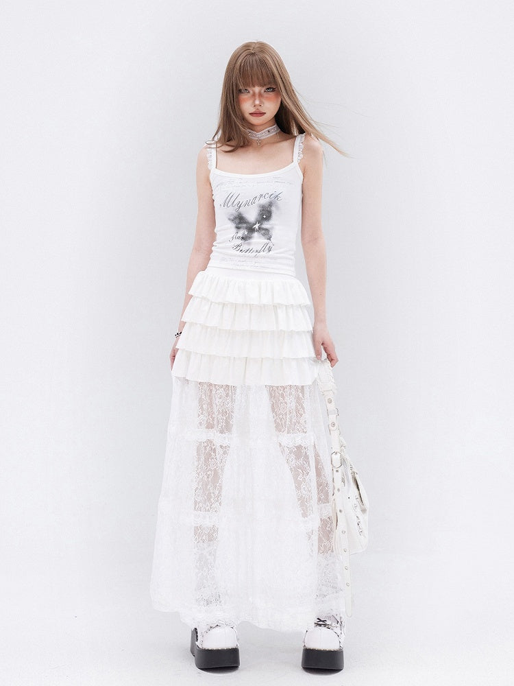 ロングホワイトレーススカート裾フリルティアード