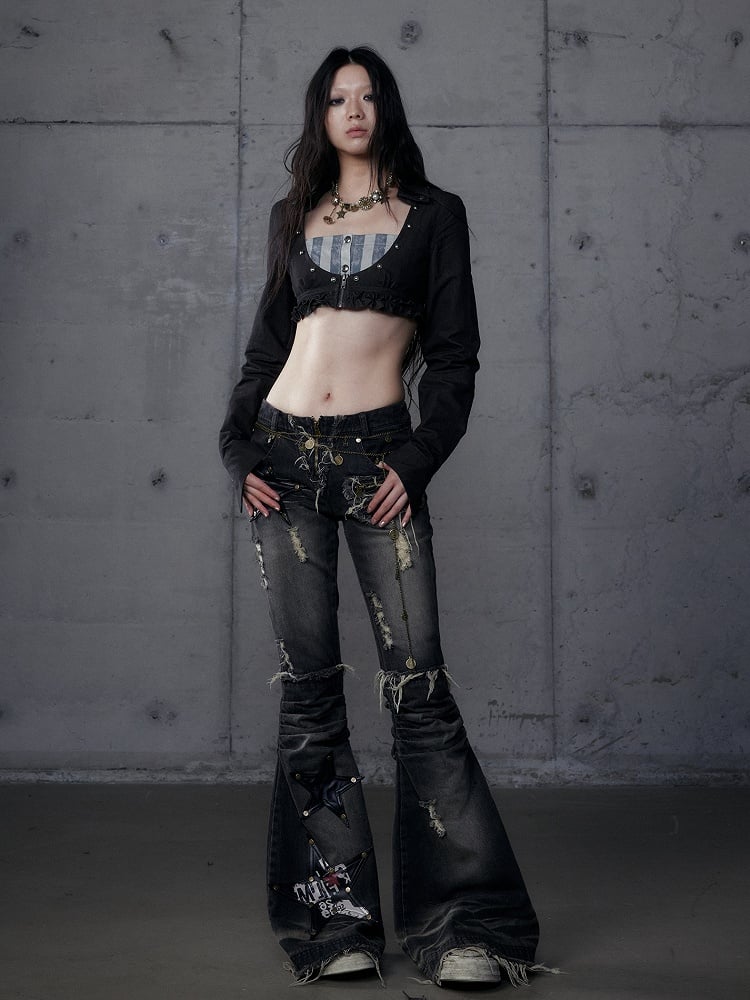 Gray Shirt: Length Underbust Vintage with Cropped Punk Black