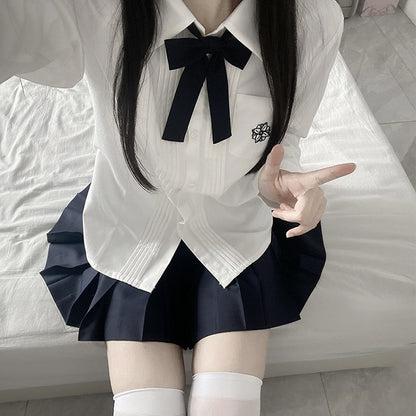 Pleating Style Embroidery Floral Details Sleeves White/Blue Short Preppy Version Shirt