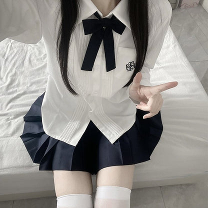 Pleating Shirt Style Details Embroidery Long Version Preppy Floral Sleeves White