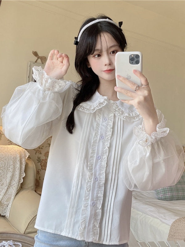 Puff Lace Trim Sleeve Long White Blouse Lolita