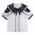 Jirai Kei Double Bow Collar White Blouse with Black Details Lace Shoulder Cutout