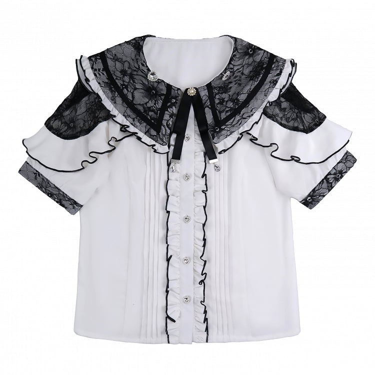 Jirai Kei Double Bow Collar White Blouse with Black Details Lace Shoulder Cutout