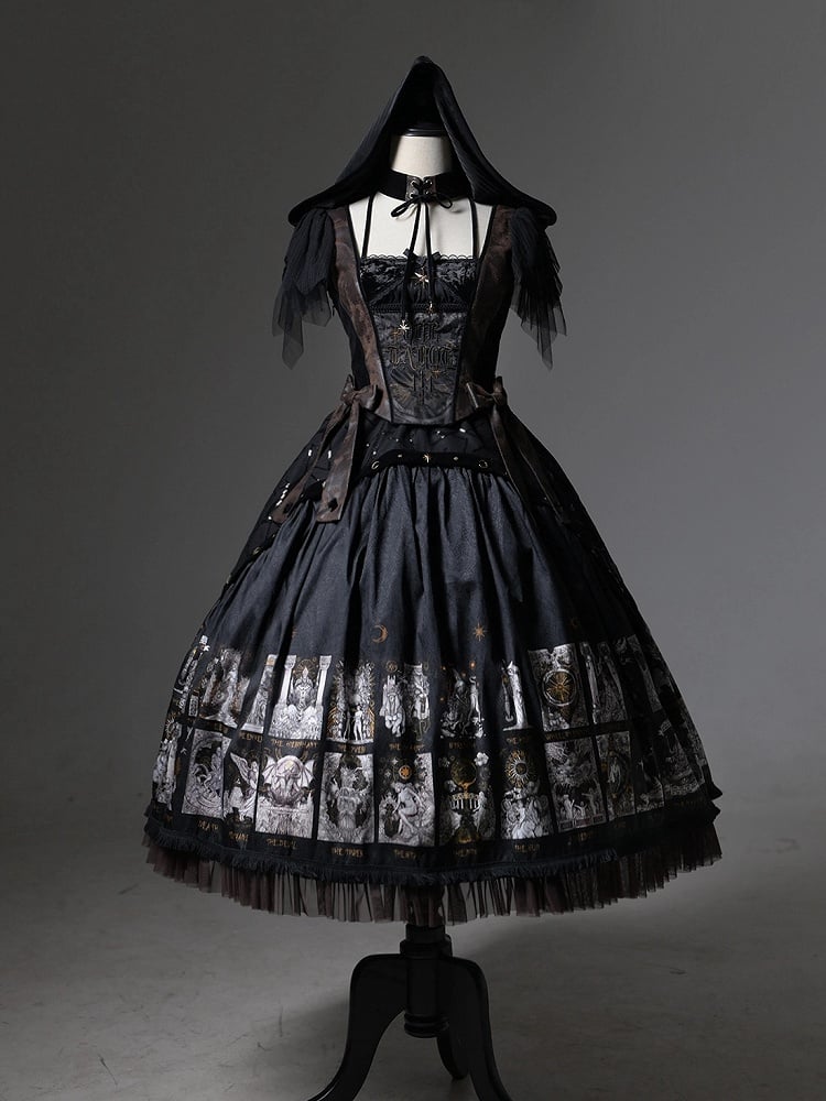 Gothic Lolita with Two-pieces Dress Detachable Tarot Hood Fake Card Print