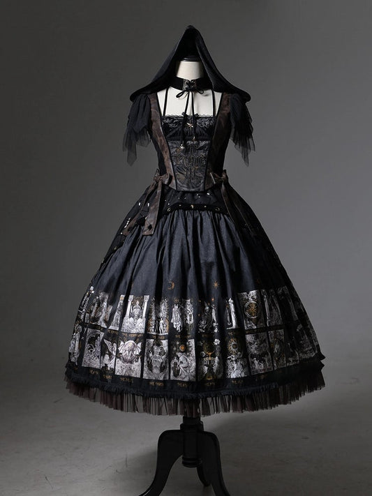 Gothic Lolita with Two-pieces Dress Detachable Tarot Hood Fake Card Print