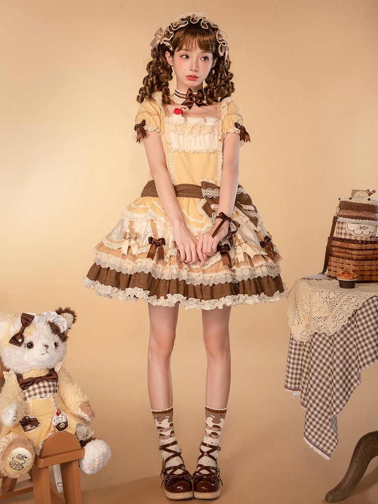 Details Yellow Waist Dropped Layered Hem Bowknot Lolita Dress Sweet