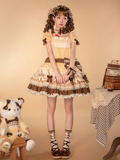Details Yellow Waist Dropped Layered Hem Bowknot Lolita Dress Sweet