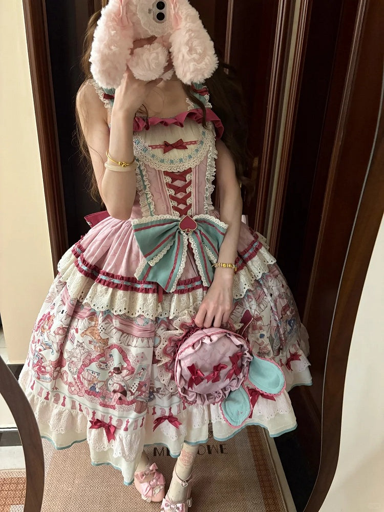 Pink & Green Alice Cat Vibes Sweet Lolita Jumper Skirt with Polka-dot Apron - Mewroco