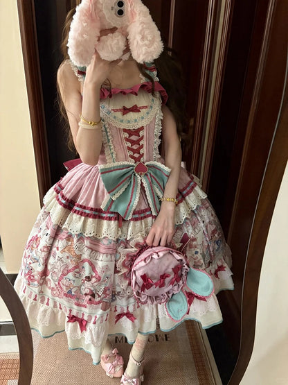 Pink & Green Alice Cat Vibes Sweet Lolita Jumper Skirt with Polka-dot Apron - Mewroco