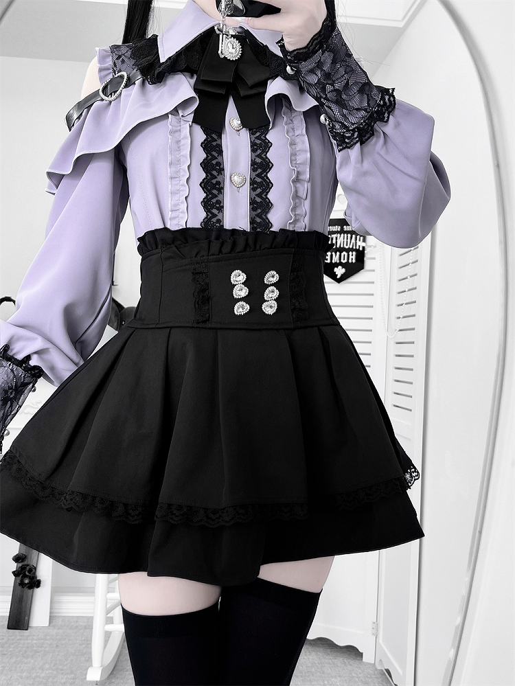 | Shoulder Kei Cutout Blouse with Dusty Purple Heart Decorative Look Buckle Jirai