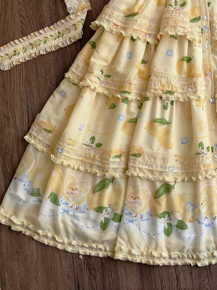Button Chick Placket Skirt and Lolita Sleeves Short Print Yellow Front Lemon Dress Tiered