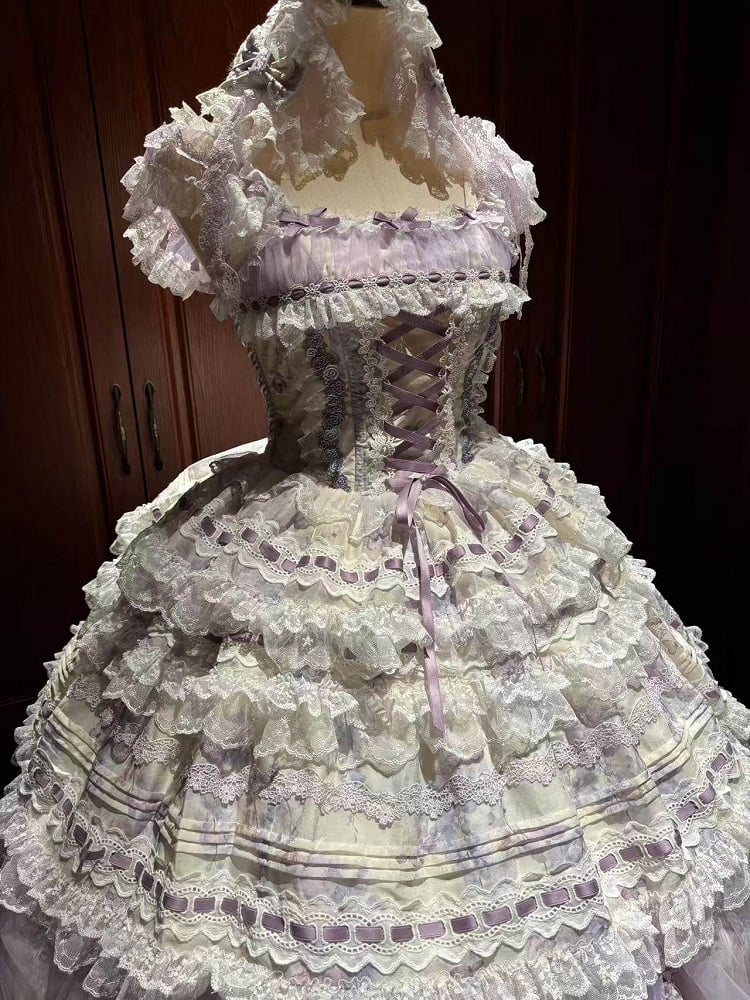 Lace White Purple Floral Hairband Top + Set Bow Skirt Embroidered Train Layered