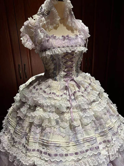 Lace White Purple Floral Hairband Top + Set Bow Skirt Embroidered Train Layered