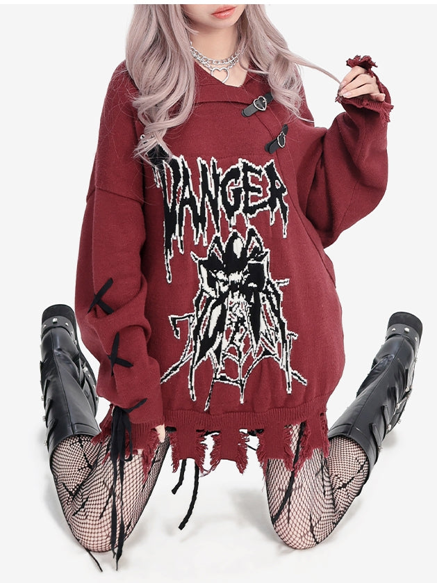 Y2K Dunkelrotes Spinnenmuster Distressed Trim Lockerer Pullover Schnürdetail Ärmel