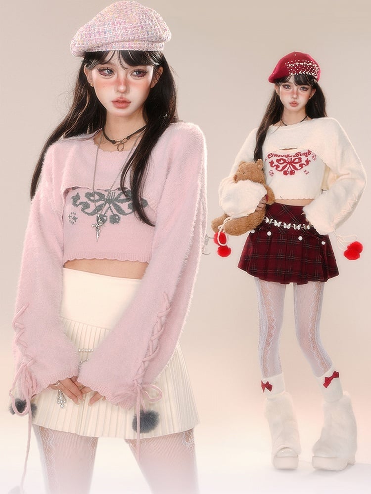 ピンクアプリコットの蝶結びクロップドトップス（シュラッグ付き）