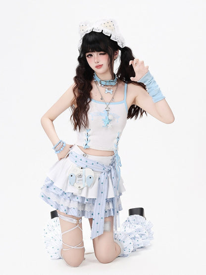 Sweet Edgy Kawaii White & Blue Tiered Skirt with Star Print and Waist Tie + Matching Leg Warmers Set - CRAZY GIRL