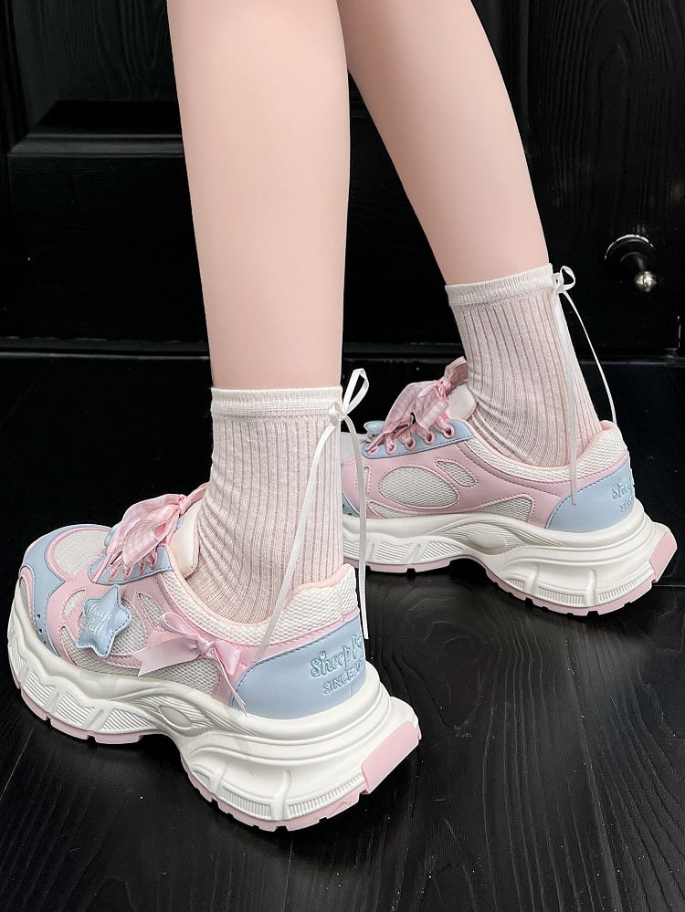 Sneakers Lolita Pink Pattern Plaid Sweet - Lace-Up Blue Closure