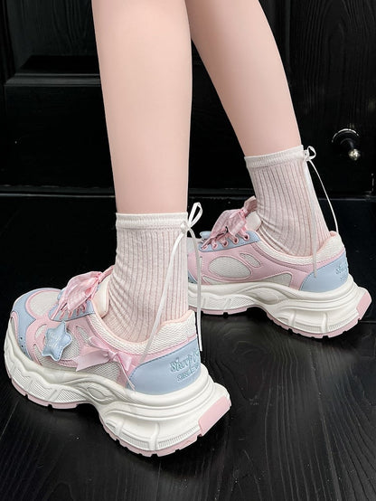 Sneakers Lolita Pink Pattern Plaid Sweet - Lace-Up Blue Closure