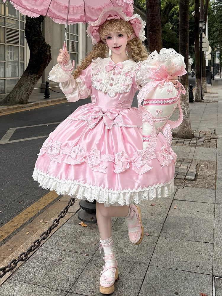 Trimmed Pink White and Bow Sweet Lace Bead Details with Dress Lolita
