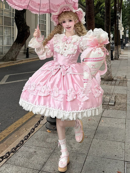 Trimmed Pink White and Bow Sweet Lace Bead Details with Dress Lolita
